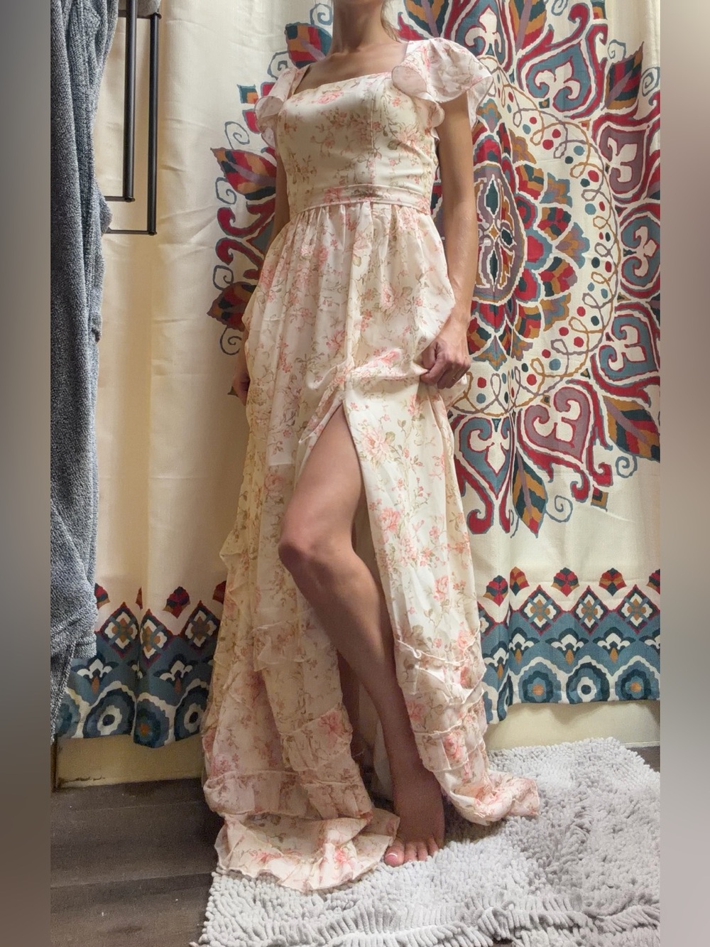 Floral Cream Tiered Maxi Dress with Pink Accents